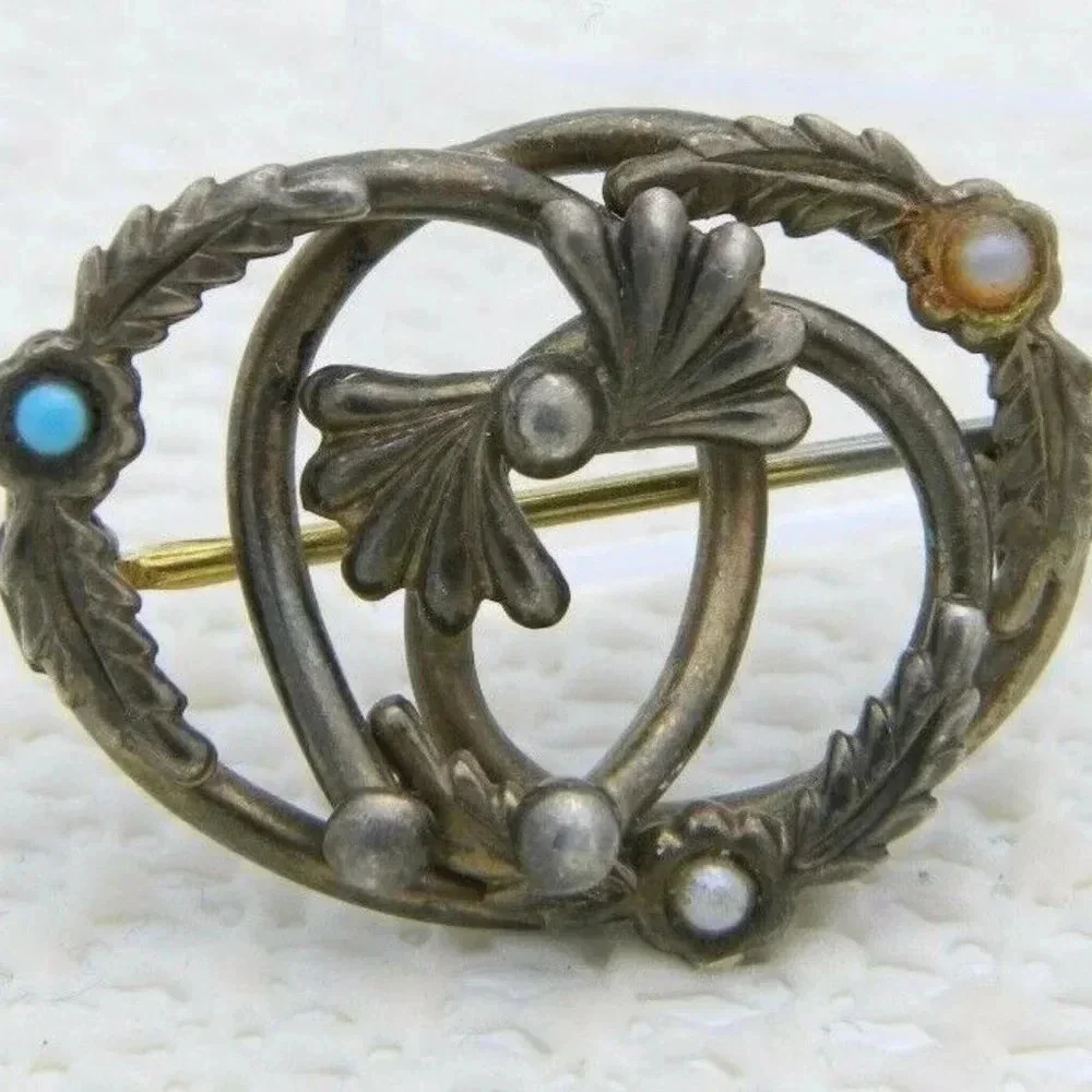 Antique Victorian Gold Filled Faux Pearl Blue Pin